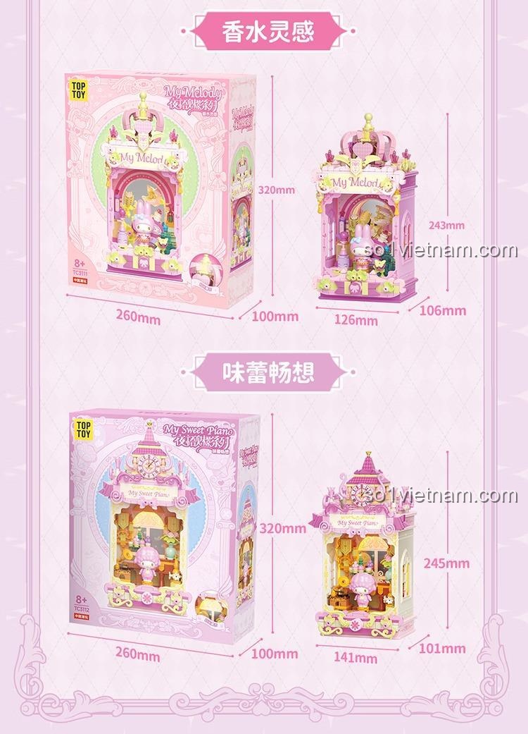 Kích thước hộp và mô hình bộ đồ chơi My Melody TOP TOY TC3111, đồ chơi lắp ghép My Melody, đồ chơi xây dựng My Melody.