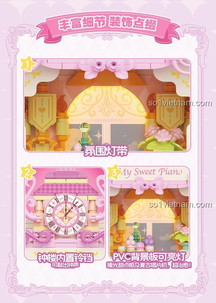 Đèn LED và âm thanh của bộ lắp ghép Bé Piano Ngọt Ngào TOP TOY TC3112, đồ chơi mô hình Sanrio My Sweet Piano có đèn led, âm thanh