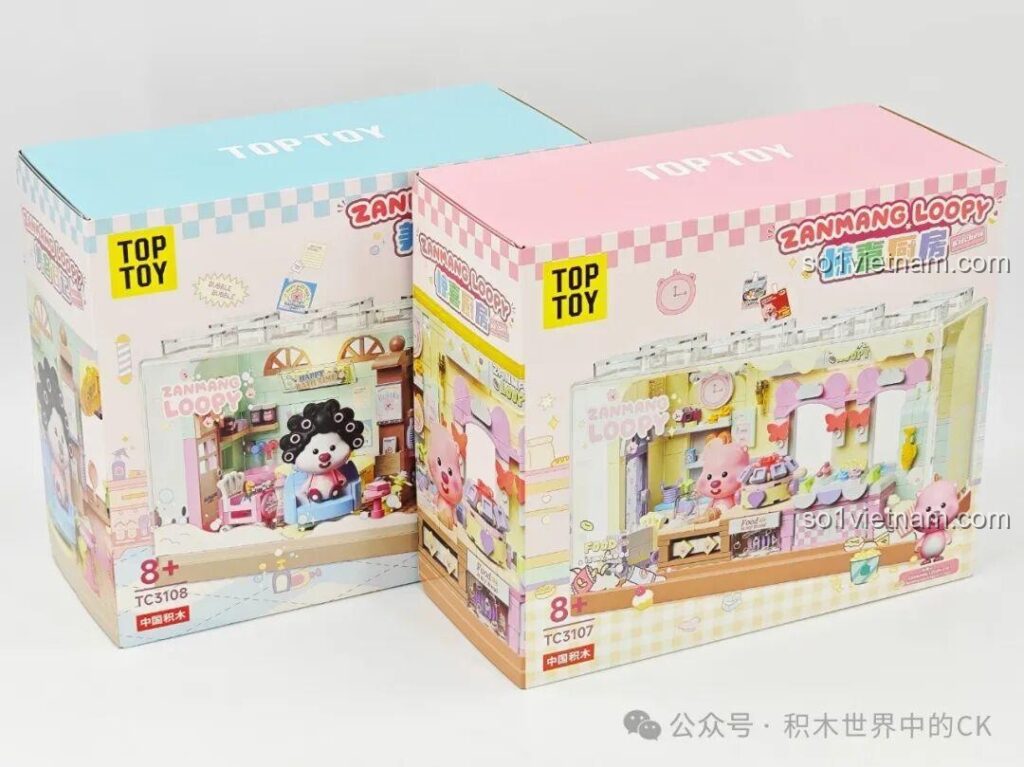 Hai hộp đồ chơi lắp ráp TOP TOY ZANMANG LOOPY phiên bản Nhà bếp và Spa xếp cạnh nhau