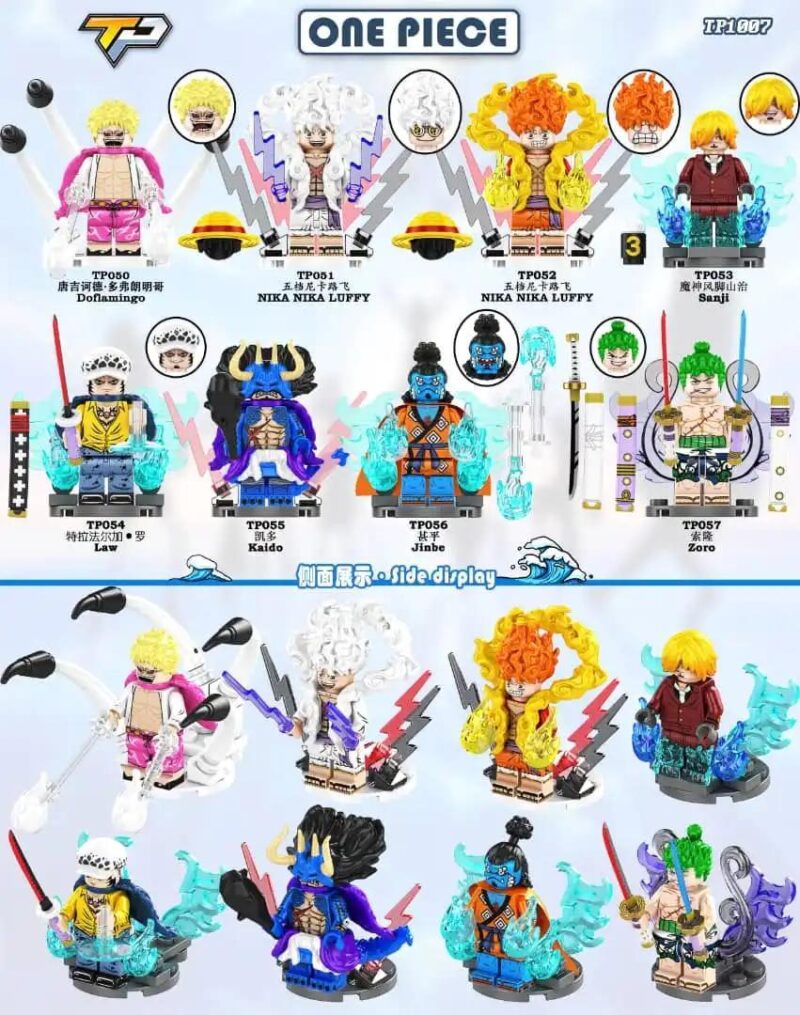 TP TP051 Bộ 8 Mô Hình Nhân Vật One Piece, Luffy Gear 5, Kaido, Sanji, Zoro, Law, Jinbe, Doflamingo, Thế giới hải tặc, 8 nhân vật kinh điển, đồ chơi lắp ghép cho bé 6 tuổi