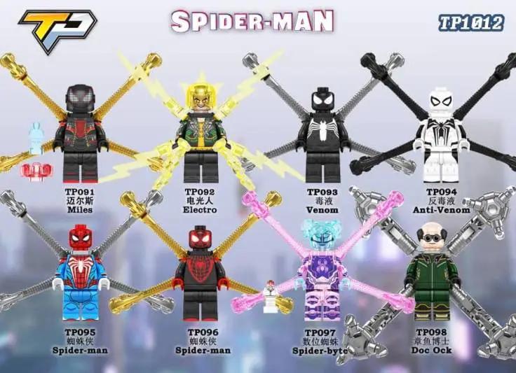 Bộ 8 Minifigure Người Nhện TP1012, bao gồm Miles Morales, Electro, Venom, Anti-Venom, Spider-man, Spider-byte, Doc Ock. Đồ chơi lắp ghép tương thích LEGO® cho bé trai 6 tuổi.
