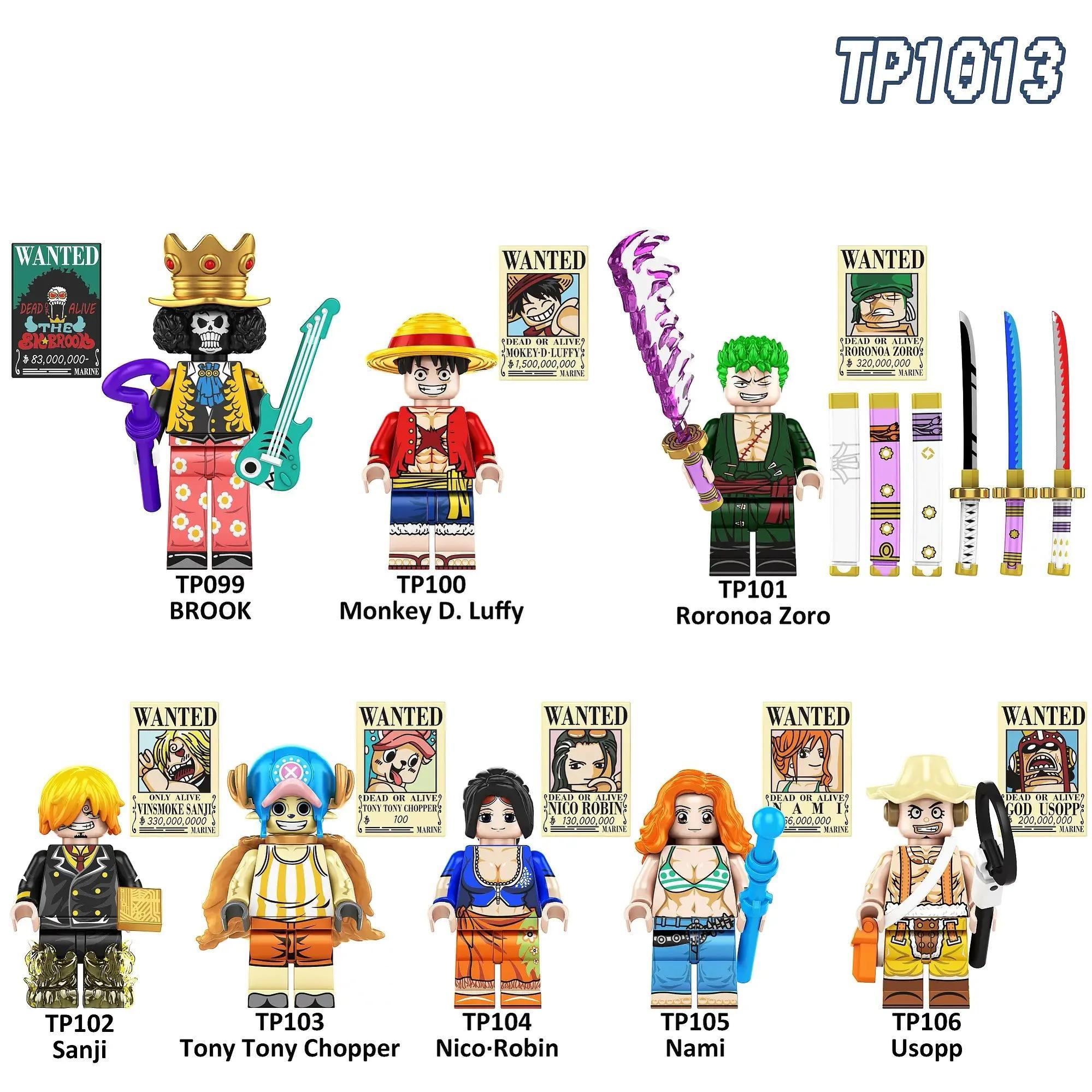 Bộ 8 nhân vật One Piece TP1013, bao gồm Luffy, Zoro, Nami, Usopp, Sanji, Chopper, Robin, Brook. Đồ chơi lắp ghép cho bé 6 tuổi, quà tặng ý nghĩa.