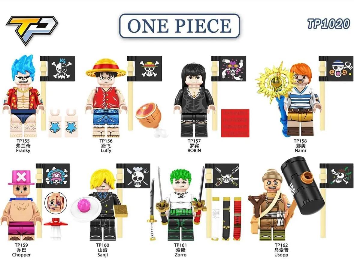 Bộ đồ chơi Minifigures One Piece TP TP1020 chất lượng cao, giá tốt cho bé trai 6 tuổi, gồm 8 nhân vật hải tặc huyền thoại Luffy, Zoro, Nami, Sanji, Usopp, Chopper, Robin, Franky.