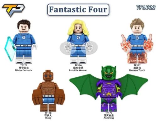Bộ 5 Minifigures Fantastic Four TP1022, bao gồm Mister Fantastic, Invisible Woman, Human Torch, The Thing và Annihilus, đồ chơi nhân vật siêu anh hùng cho bé 6 tuổi