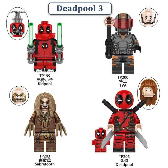 Bộ đồ chơi TP TP199 Deadpool 3 Kidpool minifigure 4 nhân vật, Đỏ, Đen, Xám, Trắng, Con trai, 6 tuổi, Phối hợp tay mắt, Tập trung chi tiết, Sáng tạo ý tưởng, Kiên nhẫn, Giá tốt