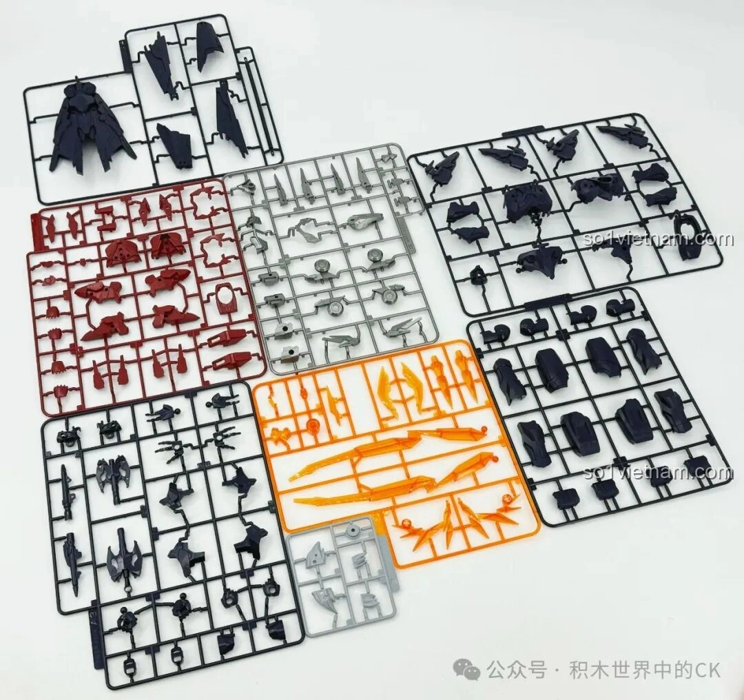 Toàn bộ các khung mảnh ghép (sprues) của bộ Keeppley 78031 Mô hình Lữ Bố Mạt Nhật được bày ra, với nhiều màu sắc và chi tiết khác nhau, sẵn sàng cho quá trình lắp ráp robot Vương Giả Vinh Diệu.