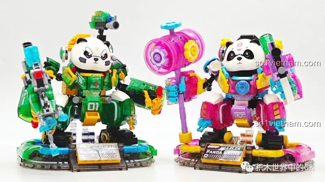 Tổng thể cặp đôi ZHEGAO 662011 Phúc Bảo Hào và 662012 Lilia Robot Gấu Trúc, thể hiện sự đối lập và hài hòa trong thiết kế, đồ chơi lắp ráp cho bé trai 6 tuổi.