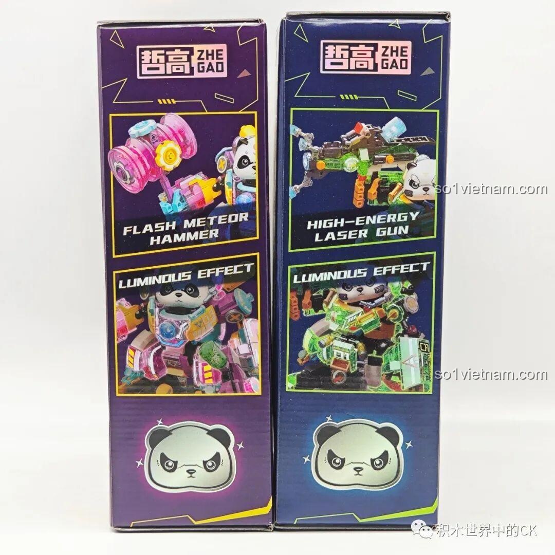 Thông tin vũ khí và hiệu ứng phát sáng trên hộp ZHEGAO 662011 Panda Mecha Phúc Bảo Hào (súng laser) và Lilia (búa năng lượng).