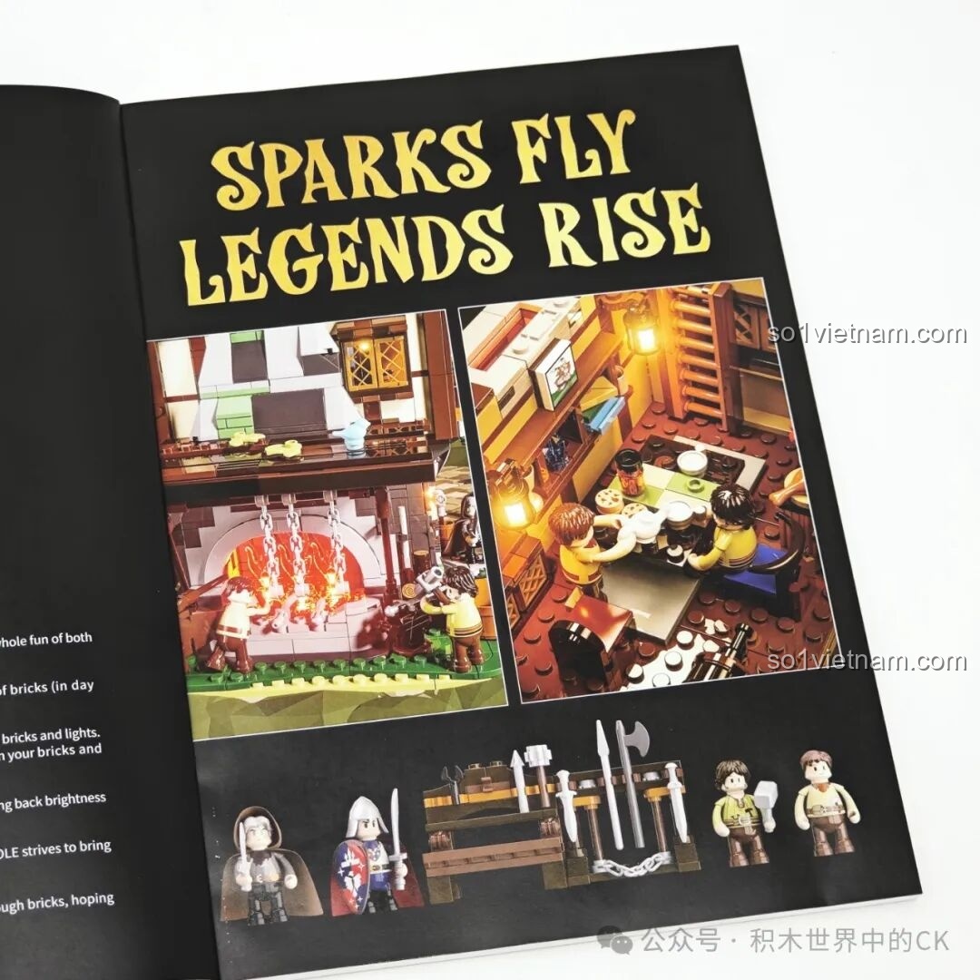 Một trang bên trong sách hướng dẫn Funwhole F9040, giới thiệu các tính năng nổi bật của mô hình lò rèn phát sáng.