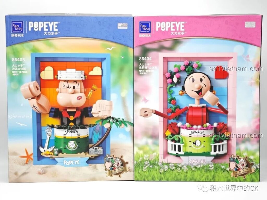 Hai hộp sản phẩm Tranh Lập Thể Olive Oyl Pantasy 86404 và Popeye 86403 với thiết kế bắt mắt, hình ảnh nhân vật hoạt hình sống động.
