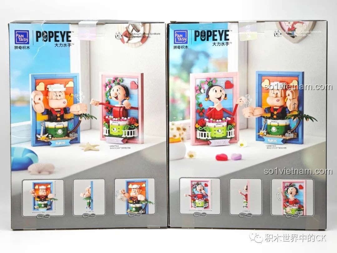 Mặt sau của hộp Tranh Lập Thể Olive Oyl Pantasy 86404 và Popeye 86403, hiển thị các góc nhìn và tính năng của mô hình.