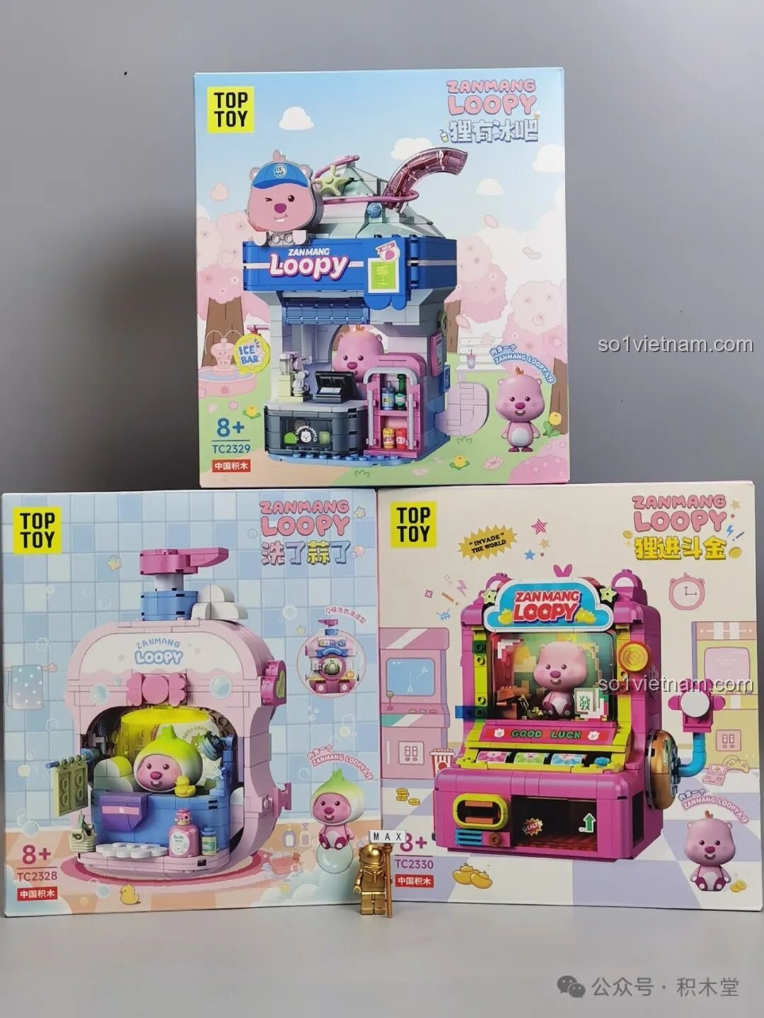 Trọn bộ 3 mẫu đồ chơi lắp ráp TOP TOY Zanmang Loopy gồm Tiệm Kem, Phòng Tắm và Máy Gắp Thưởng.