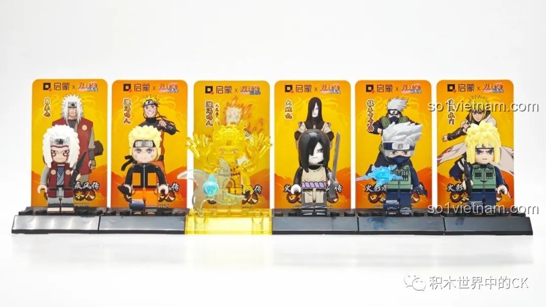 Trưng bày 6 minifigure Naruto còn lại từ bộ Qman 79001, bao gồm Jiraiya, Naruto, Naruto Cửu Vĩ, Orochimaru, Kakashi và Minato.