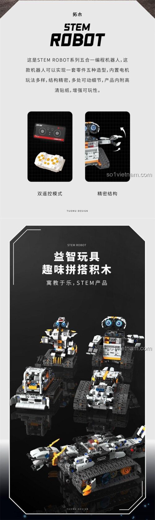 Đồ chơi lắp ráp Robot STEM Đa Năng TUOMU T1010, có điều khiển từ xa và cấu trúc chính xác, phù hợp bé trai 8 tuổi.