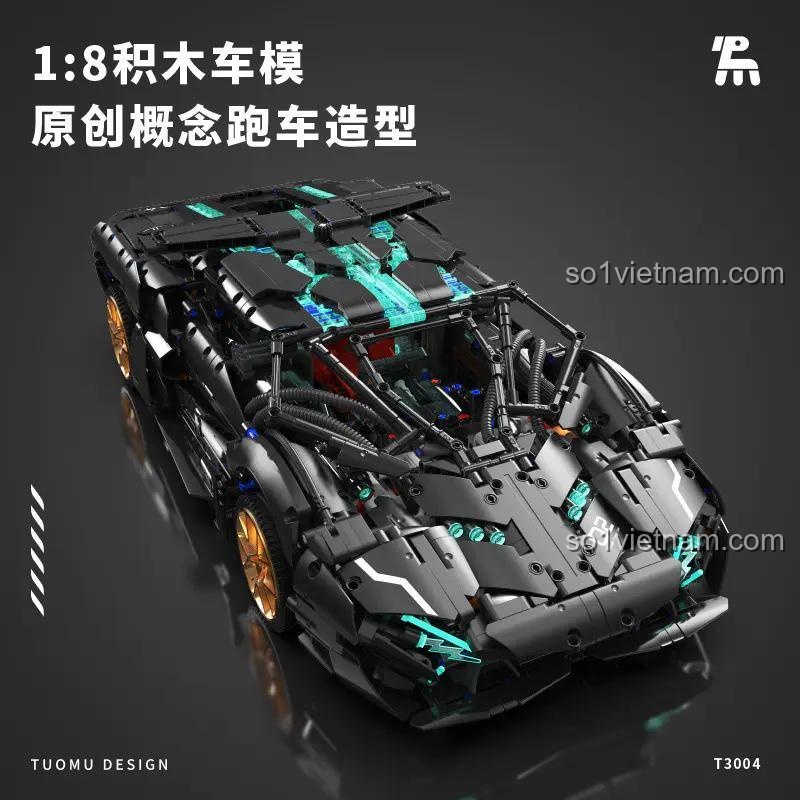 Mô hình xe Lamborghini V8 Concept màu đen tỉ lệ 1:8, bộ đồ chơi lắp ghép 3520 chi tiết, điều khiển từ xa, có đèn LED, phù hợp cho bé trai 8 tuổi