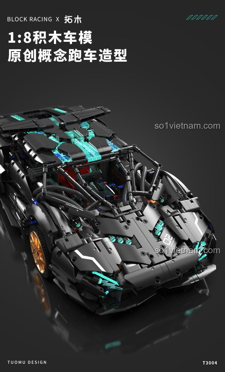 Mô hình xe Lamborghini V8 Concept màu đen tỉ lệ 1:8, bộ đồ chơi lắp ghép 3520 chi tiết, điều khiển từ xa, có đèn LED, phù hợp cho bé trai 8 tuổi