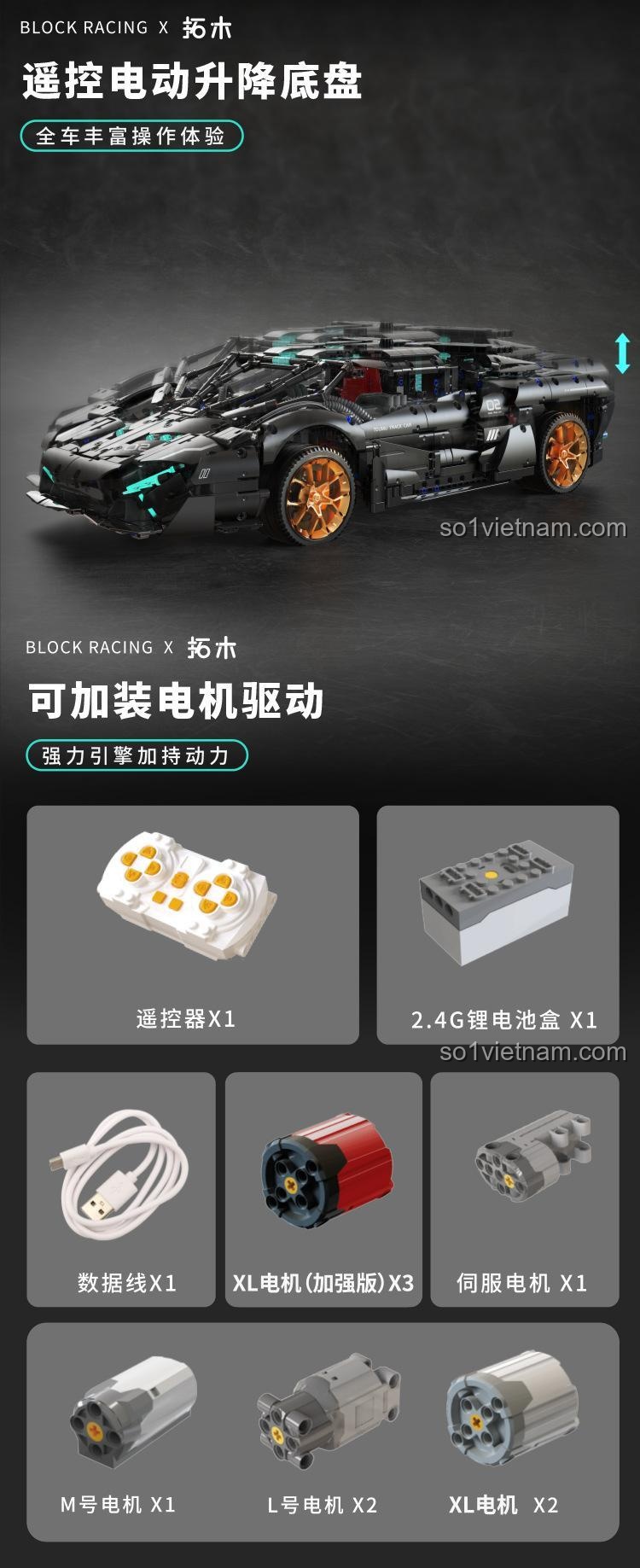Mô hình xe Lamborghini V8 Concept màu đen tỉ lệ 1:8, bộ đồ chơi lắp ghép 3520 chi tiết, điều khiển từ xa, có đèn LED, phù hợp cho bé trai 8 tuổi