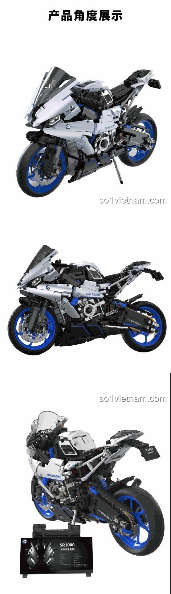 Các góc nhìn của bộ lắp ghép Tuomu T3007 Mô tô phân khối lớn SR1000, thể hiện vẻ đẹp mạnh mẽ và chi tiết của mô hình, đáng tiền cho bé trai.
