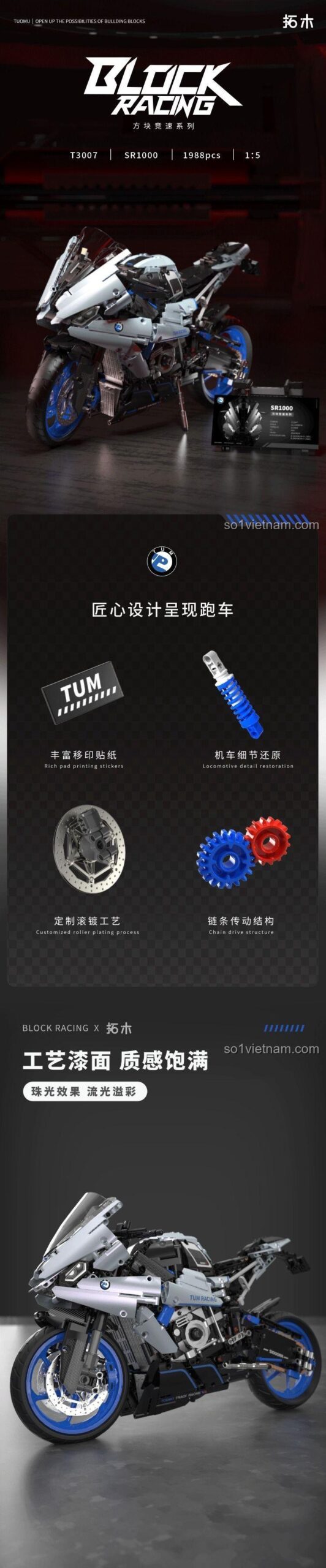 Mô hình đồ chơi lắp ráp Tuomu T3007 Mô tô phân khối lớn SR1000, thể hiện chi tiết thiết kế động cơ, hệ thống truyền động, decal in ấn phong phú, chất lượng tốt.