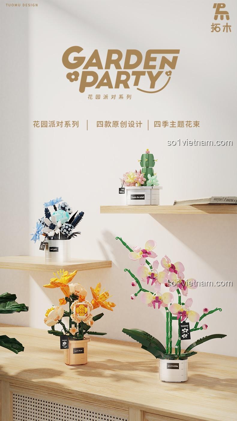 Bộ đồ chơi hoa lan Vườn Xuân Hạnh Phúc Tuomu T6005, mô hình hoa, đồ chơi trang trí nhà cửa, quà tặng ý nghĩa