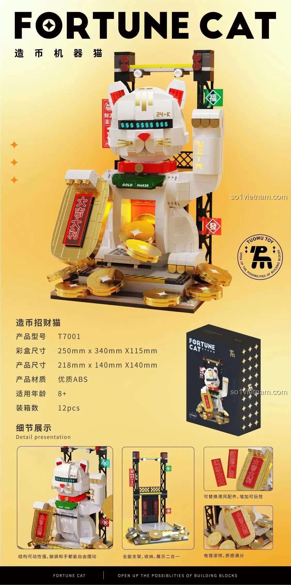 Chi tiết tính năng đồ chơi lắp ráp TUOMU T7001 Mèo Chiêu Tài Robot, với kích thước mô hình, chất liệu ABS cao cấp, cánh tay vẫy tự động, phù hợp cho con trai 8 tuổi.