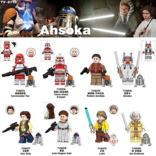 Bộ đồ chơi TV Star Wars Minifigures 8 Pack TV8079, bao gồm Luke Skywalker, Leia Organa Solo, Padmé Amidala, Commander Fox, Clone Shock Trooper, Ahsoka, Jan Dodonna, Han Solo. Phi hành đoàn huyền thoại, đồ chơi mô hình cho bé trai 6 tuổi.