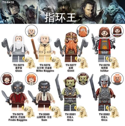 Bộ 8 nhân vật The Lord of the Rings TV5077, bao gồm Gimli, Frodo Baggins, Sam, Orcs, Isildur, Bilbo Baggins, Glóin. Minifigure The Lord of the Rings giá tốt cho bé 6 tuổi.