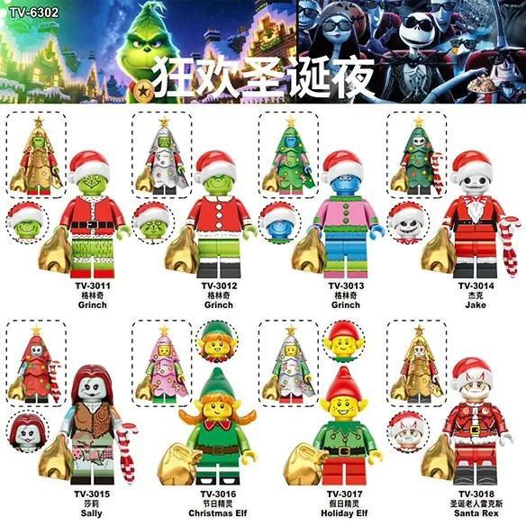 Bộ đồ chơi Minifigures Giáng Sinh TV3015 giá rẻ cho bé trai và bé gái 6 tuổi, mô tả chi tiết 8 nhân vật Grinch, Sally, Jake, Elf, Santa Rex trong đêm hội Giáng Sinh.