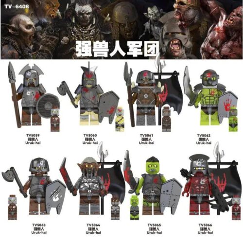 Bộ đồ chơi TV TV5063 Quân đoàn Uruk-hai với 8 nhân vật lính Uruk-hai, mỗi nhân vật đi kèm vũ khí và khiên, màu sắc chủ đạo đen, xám, đỏ, xanh lá, phù hợp cho bé trai 6 tuổi.