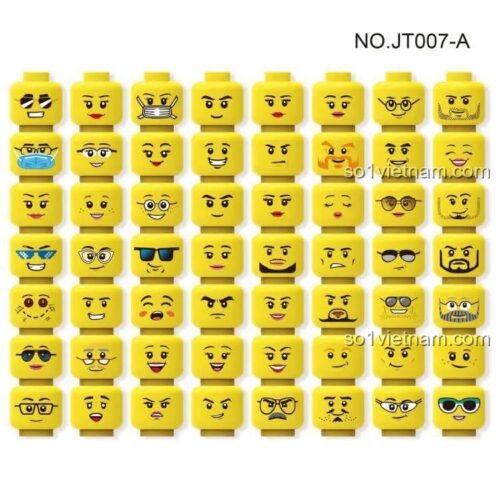 Hình ảnh chi tiết bộ 56 đầu minifigure màu vàng mã JT007A, đồ chơi mô hình Unbranded giúp bé sáng tạo nhân vật.