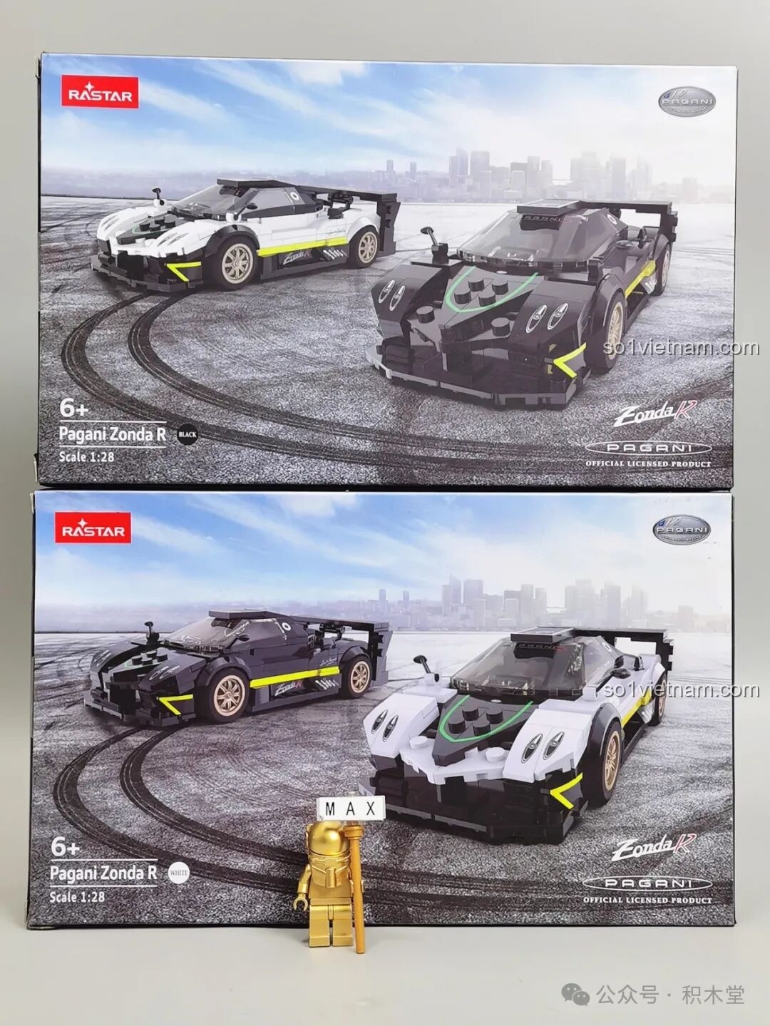 Vỏ hộp của bộ lắp ráp RASTAR 93900 Pagani Zonda R với hai phiên bản màu đen và trắng, thể hiện sự chuyên nghiệp và hấp dẫn.