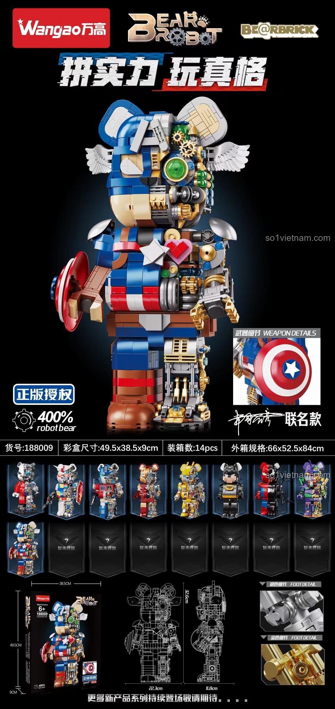 bộ xếp hình Gấu Robot Captain America Wangao 188009, cấu trúc nội thất chi tiết, khiên Captain America, cho con trai 6 tuổi, giá bình dân