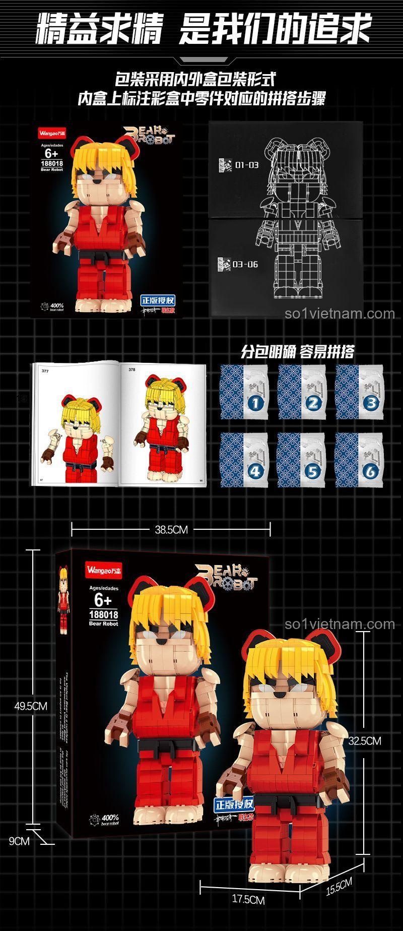 Hình ảnh hộp sản phẩm của bộ đồ chơi Wangao 188018 Gấu Robot Ken, món quà giá tốt cho bé trai.