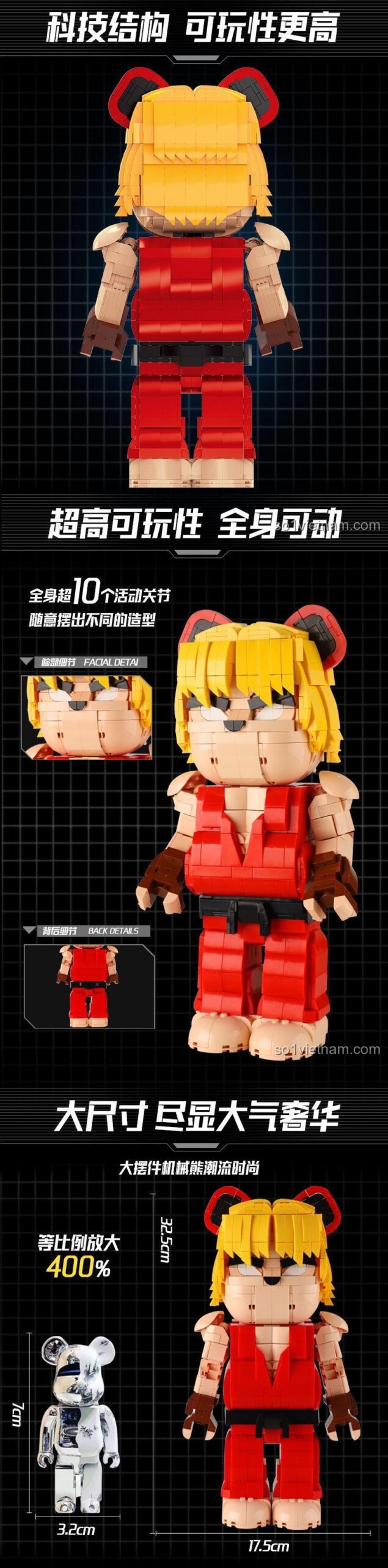 Hình ảnh bộ lắp ráp Bearbrick Ken 188018 thể hiện các khớp cử động linh hoạt và kích thước lớn 400% so với mô hình tham chiếu.