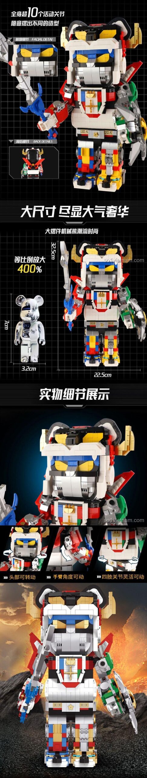 Robot Gấu Biến Hình 188019 thể hiện các khớp nối linh hoạt, chi tiết cao, bộ lắp ghép Wangao 188019 cho con trai 6 tuổi