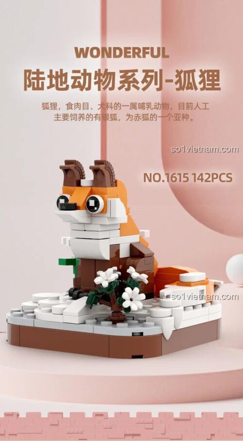 Hộp sản phẩm WANGE 1615 mô hình cáo tuyết, với hình ảnh cáo tuyết và thông tin sản phẩm, 142 chi tiết, phù hợp cho bé 6 tuổi
