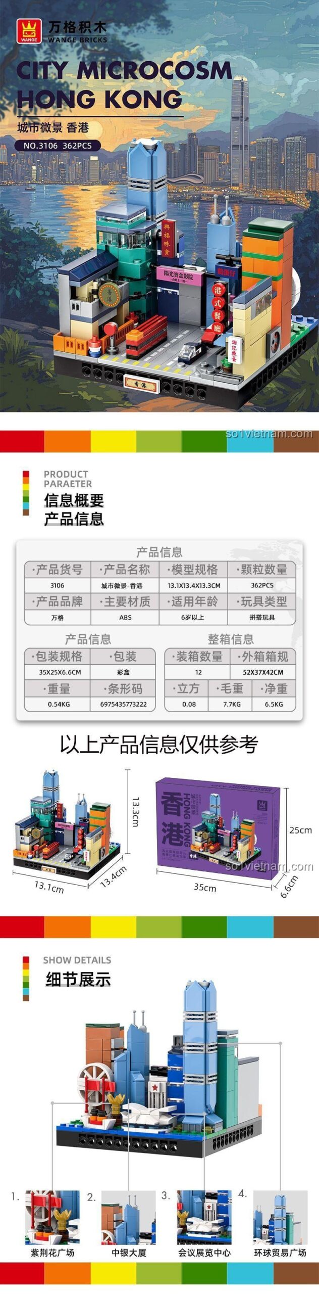 Thông tin sản phẩm bộ lắp ghép WANGE 3106 Kiến trúc Hong Kong: 362 mảnh, kích thước mô hình 13.4x13.1x13.3 cm, kích thước hộp 35x25x6.6 cm, trọng lượng 0.54kg, đồ chơi giáo dục, đồ chơi sáng tạo, giá tốt