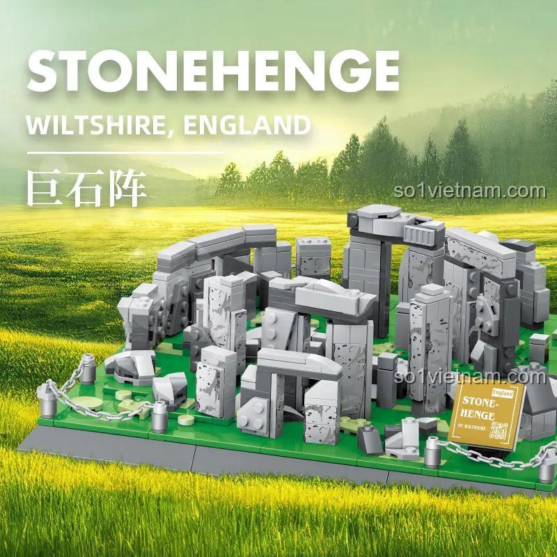 bộ xếp hình Mô hình kiến trúc Stonehenge Dr.Luck 4224, cận cảnh các khối đá xám và nền cỏ xanh, đồ chơi xây dựng cho bé trai bé gái 6 tuổi.