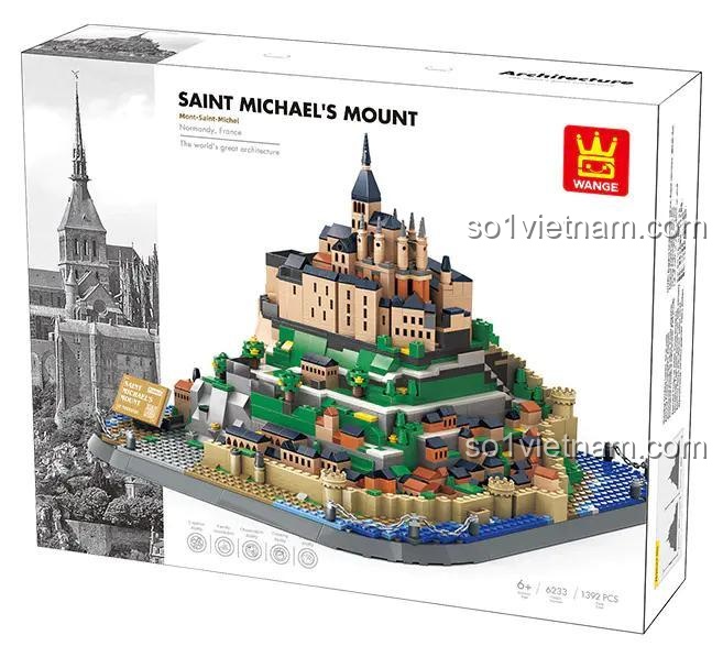 Chi tiết thiết kế tháp, tường, nhà và núi của bộ lắp ghép WANGE 6233 Mont Saint-Michel, đồ chơi xây dựng chất lượng cao