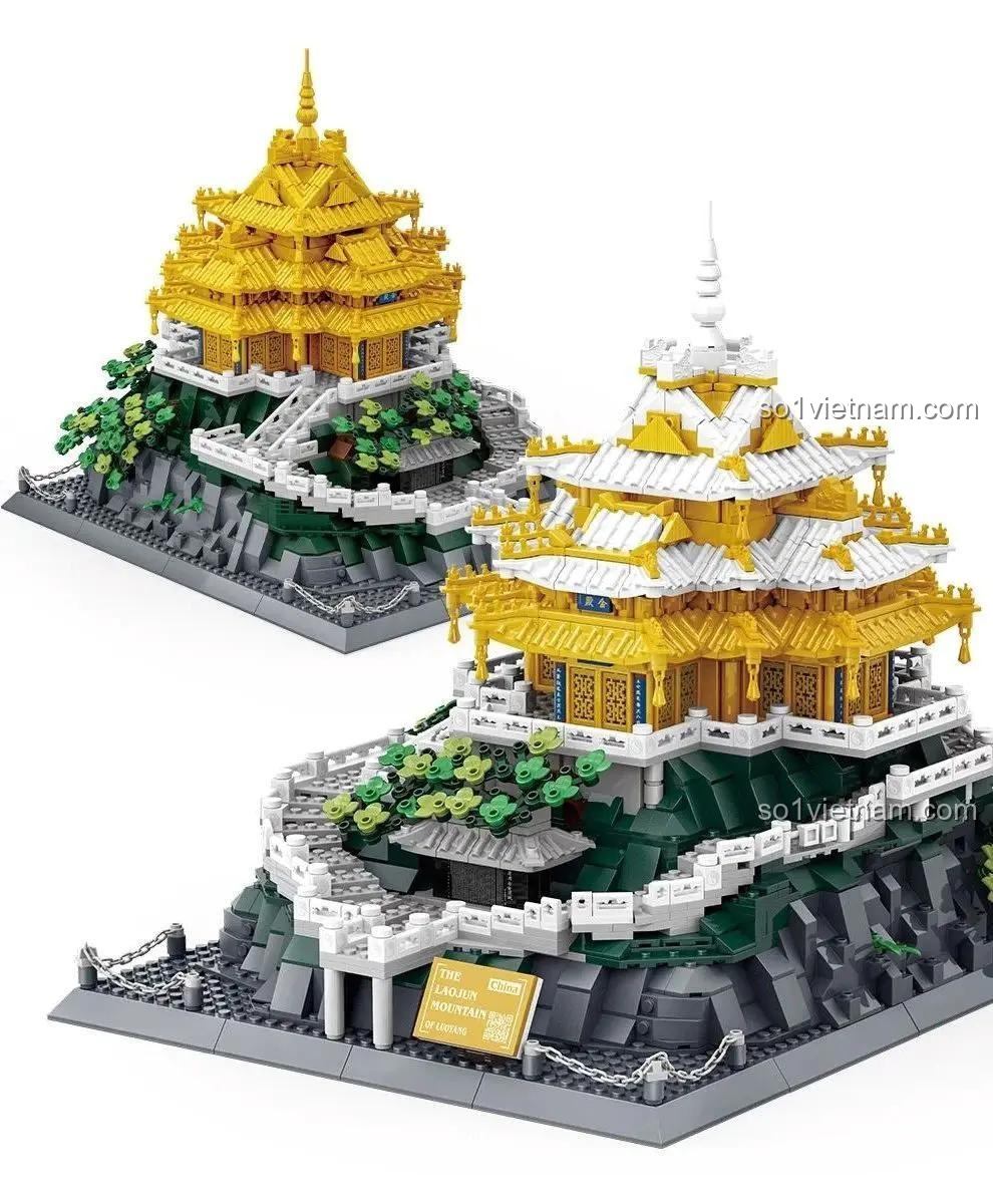 Chi tiết tinh xảo của đồ chơi xây dựng Lão Quân Sơn 6234, tái hiện Cung điện Vàng trên đỉnh núi hùng vĩ.