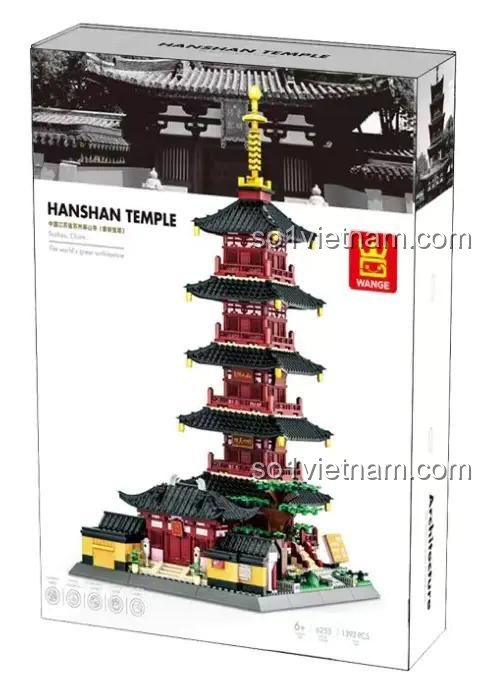 Hộp bộ xếp hình Chùa Hàn Sơn Wange 6235, mô hình kiến trúc cổ, đồ chơi lắp ghép cho trẻ 6 tuổi, giá rẻ