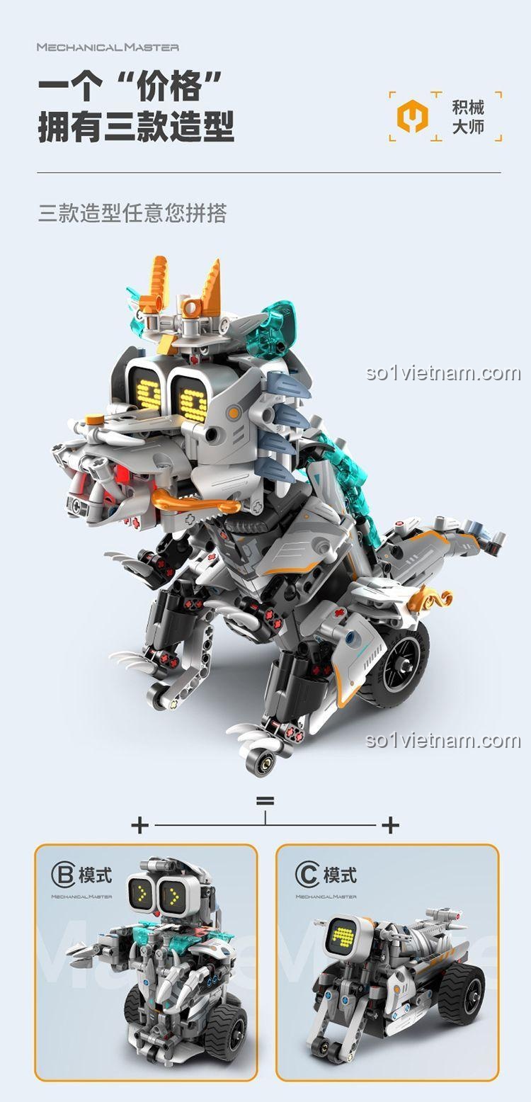 Màn hình LED hiển thị biểu cảm của Robot khủng long phun khói điều khiển từ xa 3in1 万致IM.Master/启辉玩具QIHUI 8054, đồ chơi lắp ráp công nghệ cao cho bé trai 8 tuổi, có đèn LED, âm thanh, lập trình được, kết nối điện thoại, động cơ pin có sẵn, tần số 2.4GHz, 775 chi tiết, giá tốt