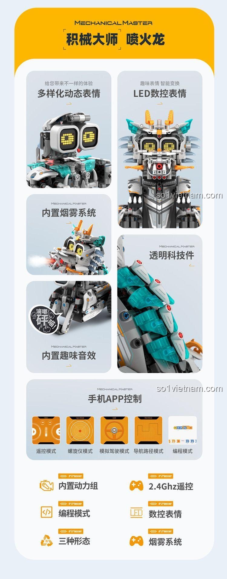 Robot khủng long phun khói điều khiển từ xa 3in1 万致IM.Master/启辉玩具QIHUI 8054 - Mẫu B, đồ chơi lắp ráp công nghệ cao cho bé trai 8 tuổi, có đèn LED, âm thanh, lập trình được, kết nối điện thoại, động cơ pin có sẵn, tần số 2.4GHz, 775 chi tiết, giá tốt