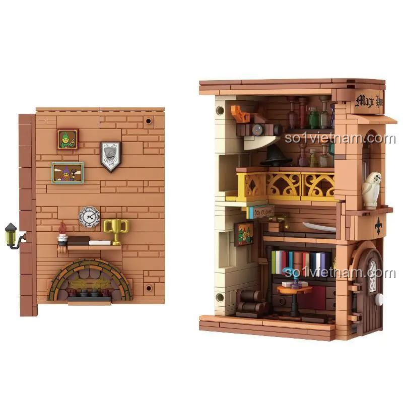 Chi tiết bên trong của chặn sách Book Nook We Game Coming, mô hình nhà phép thuật với nhiều chi tiết tinh xảo.