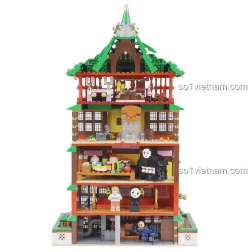 Mặt sau của đồ chơi mô hình Vùng Đất Linh Hồn 66032, để lộ phần nội thất chi tiết bên trong các tầng của nhà tắm.