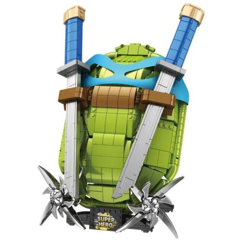 Mặt trước bộ lắp ghép Mai Rùa Ninja We Game Coming 66033. Mô hình trang bị của Ninja Rùa với mai rùa xanh và song kiếm katana, đồ chơi cho con trai 8 tuổi giá rẻ.