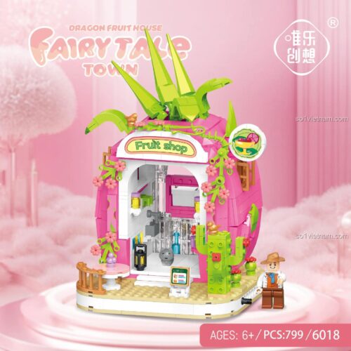 Ngôi nhà Thanh Long 6018, bộ lắp ghép Fairy Tale Town Dragon Fruit House, đồ chơi mô hình cho bé gái 6 tuổi, 799 mảnh, màu hồng và xanh lá, thiết kế độc đáo