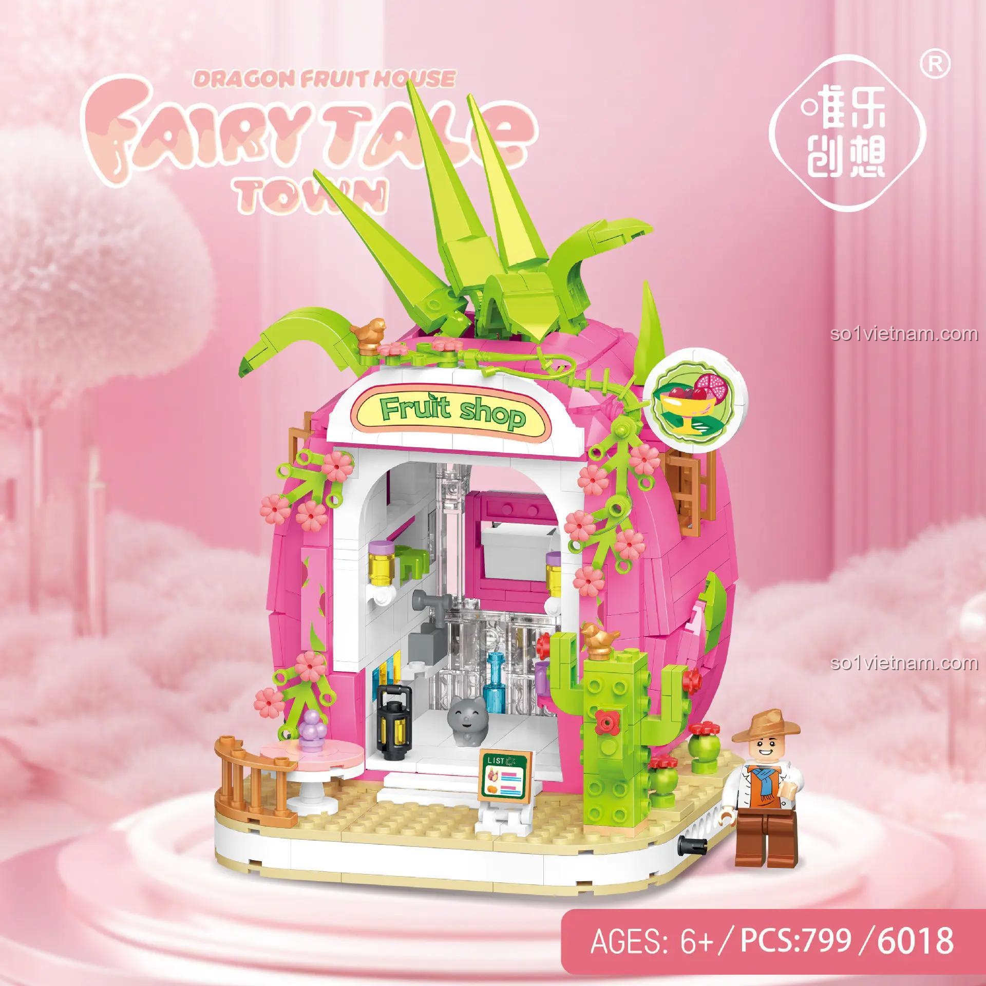 Ngôi nhà Thanh Long 6018, bộ lắp ghép Fairy Tale Town Dragon Fruit House, đồ chơi mô hình cho bé gái 6 tuổi, 799 mảnh, màu hồng và xanh lá, thiết kế độc đáo