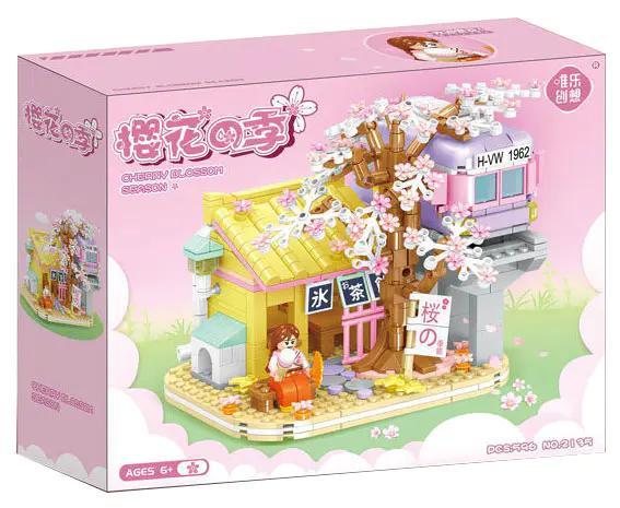 Hộp sản phẩm bộ lắp ghép Nhà ga tàu cao tốc mùa hoa anh đào Weile Creative 2135, món quà giá rẻ cho bé gái 6 tuổi.