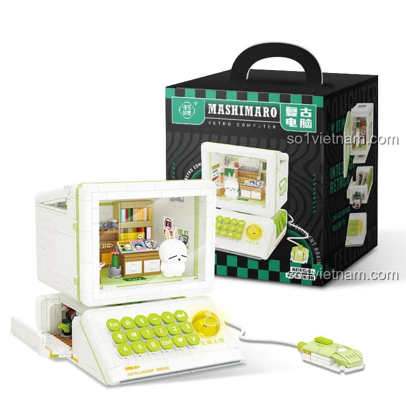 Đồ chơi mô hình Wele Creative 6009 Máy tính cổ điển Mashimaro, bộ xếp hình máy tính retro có đèn LED, cho bé trai bé gái 6 tuổi, giá tiết kiệm
